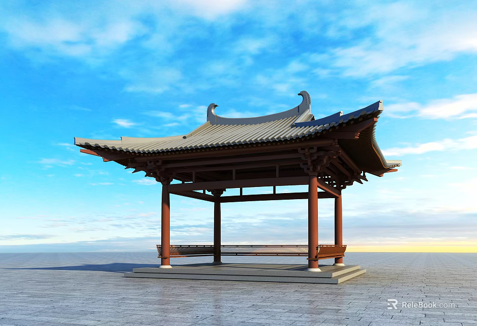 Traditional Chinese Pavilion Featuring Wooden Structure Curved Eaves And Tile Roof Under Blue Sky 3d model 