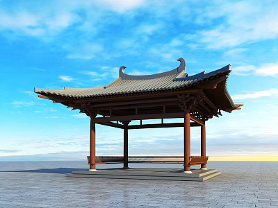 Traditional Chinese Pavilion Featuring Wooden Structure Curved Eaves And Tile Roof Under Blue Sky 3d model