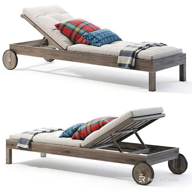 Wooden Outdoor Lounge Chair With Adjustable Backrest Wheels Plaid Pillows And Striped Blanket 3d model 
