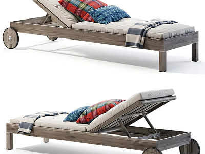 Wooden Outdoor Lounge Chair With Adjustable Backrest Wheels Plaid Pillows And Striped Blanket 3d model