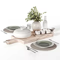 Elegant Tableware Set With Wooden Tray Green Plates White Lidded Bowl Woven Placemats Metal Utensils