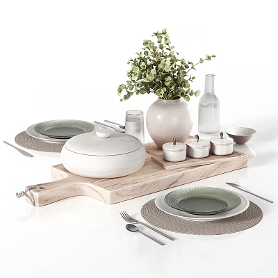 Elegant Tableware Set With Wooden Tray Green Plates White Lidded Bowl Woven Placemats Metal Utensils 3d model