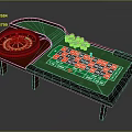 Entertainment Table With Roulette Wheel Colorful Chips Green Felt Surface And Wooden Legs