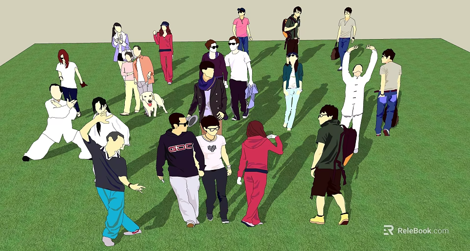 People Gathering In Outdoor Grassy Field Interacting And Walking Together 3d model 
