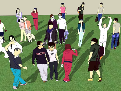 People Gathering In Outdoor Grassy Field Interacting And Walking Together 3d model