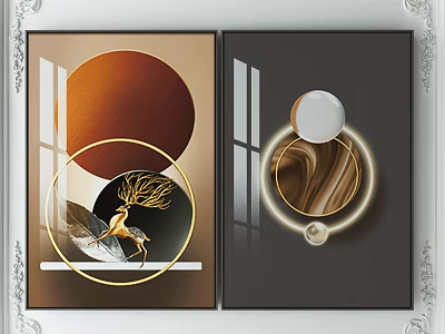 Elegant Modern Wall Art With Golden Deer Circular Frames And Marble Patterns 3d model