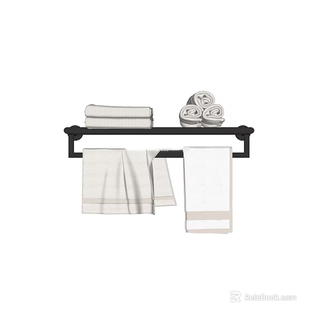 Stylish Black Bathroom Accessories Towel Rack With Folded Rolled And Hanging White Towels 3d model 