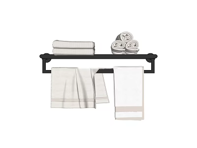 Stylish Black Bathroom Accessories Towel Rack With Folded Rolled And Hanging White Towels 3d model