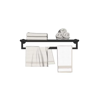Stylish Black Bathroom Accessories Towel Rack With Folded Rolled And Hanging White Towels 3d model
