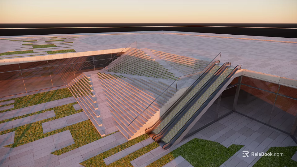 Modern Geometric Outdoor Staircase With Glass Structure Escalator And Grass Lawn 3d model 