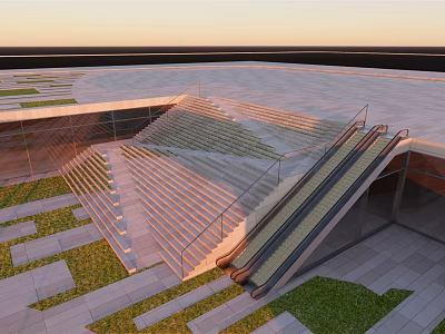 Modern Geometric Outdoor Staircase With Glass Structure Escalator And Grass Lawn 3d model
