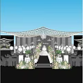 Elegant Wedding Banquet Hall With White Ceiling String Lights Flower Aisle And Chandeliers