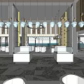 Modern Sales Office Interior Design With Spacious Space Circular Chandeliers And Central Lawn Area