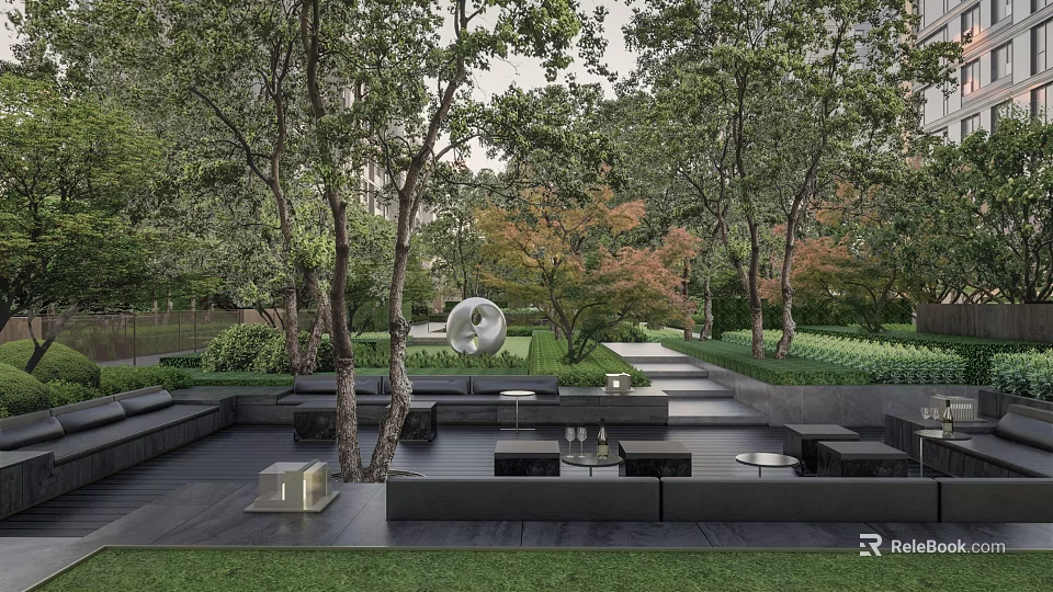Modern Serene Residential Landscape With Lush Trees Seating Area And Art Sculpture 3d model 