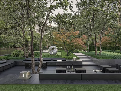 Modern Serene Residential Landscape With Lush Trees Seating Area And Art Sculpture 3d model