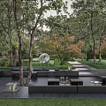 Modern Serene Residential Landscape With Lush Trees Seating Area And Art Sculpture
