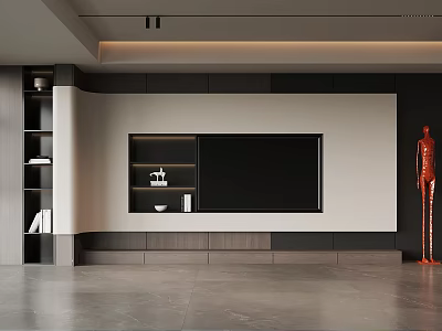Modern Living Room Interior With TV Wall Shelves Gray Floor And Red Mannequin 3d model