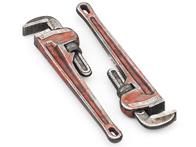 Rusty Vintage Hardware Tools Featuring Two Pipe Wrenches With Metal Handles 3d model