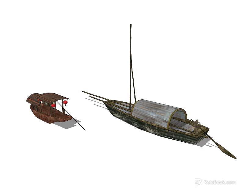 Two Traditional Wooden Boats With Small Covered Design And Large Sail Featuring Canopy 3d model 