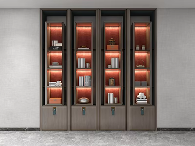 Modern Luxury Wooden Bookcase With Glass Doors LED Lighting And Decorative Items 3d model
