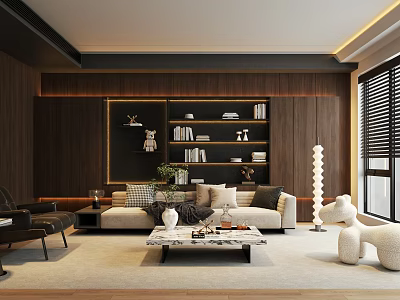 Modern Luxury Living Room With Dark Wood Accent Wall Cozy Sofa And Stylish Display Shelves 3d model