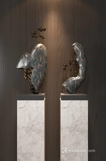 Modern Decorative Ornament Set With Marble Bases And Dark Copper Veined Design 3d model 