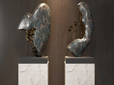 Modern Decorative Ornament Set With Marble Bases And Dark Copper Veined Design 3d model