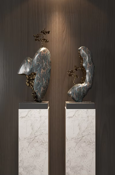 Modern Decorative Ornament Set With Marble Bases And Dark Copper Veined Design 3d model