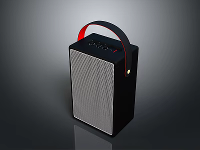 Portable Black Computer Speaker With Red Handle Mesh Panel And Top Control Buttons 3d model