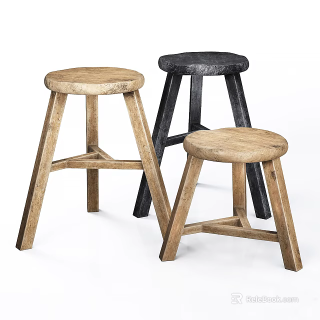 Three Rustic Wooden And Black Stools With Round Seats And Crossed Legs Design 3d model 