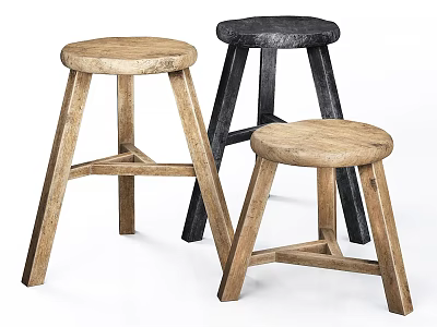 Three Rustic Wooden And Black Stools With Round Seats And Crossed Legs Design 3d model