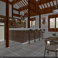 Chinese Style Reception Area With Wooden Bar Counter Lattice Windows And Dining Seating