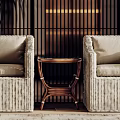 Light Beige Rattan Casual Sofa Set with Wooden Side Table and Green Plants