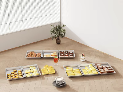Assorted Sweet Snacks on Metal Trays with Coffee Cup and Potted Plant in Bright Room 3d model