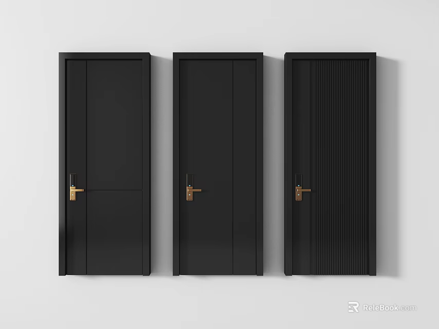 Three Black Swing Doors With Gold Handles And Sleek Modern Design 3d model 