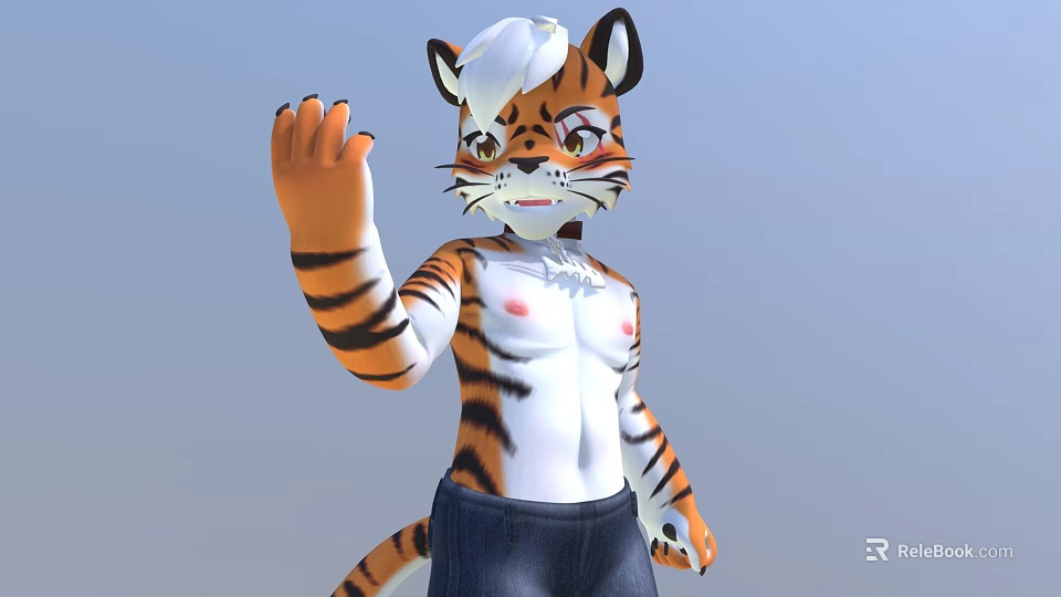 Cartoon Tiger Character With White Hair Blue Jeans Waving Hand Light Blue Background 3d model 