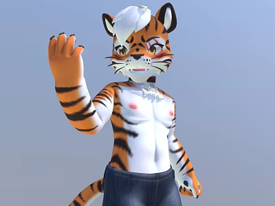 Cartoon Tiger Character With White Hair Blue Jeans Waving Hand Light Blue Background 3d model