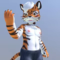 Cartoon Tiger Character With White Hair Blue Jeans Waving Hand Light Blue Background