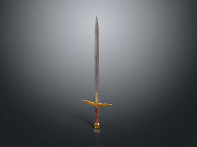 Medieval Sword Weapon With Metal Blade Golden Hilt Red Accent Standing Upright Against Gray Background 3d model