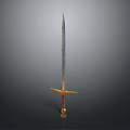 Medieval Sword Weapon With Metal Blade Golden Hilt Red Accent Standing Upright Against Gray Background