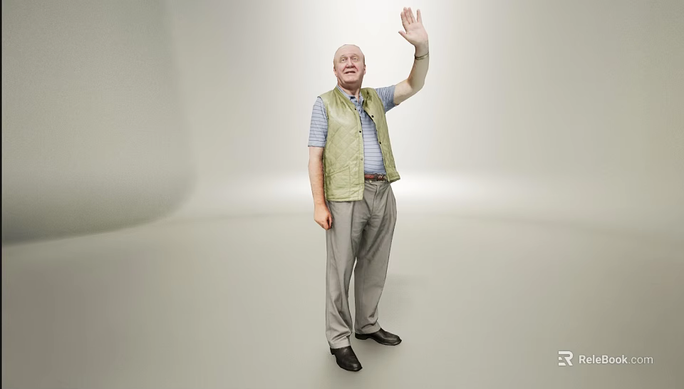 Elderly Man Waving Hand In Light Studio Wearing Green Vest Striped Shirt And Gray Pants 3d model 