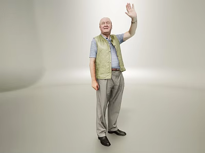 Elderly Man Waving Hand In Light Studio Wearing Green Vest Striped Shirt And Gray Pants 3d model