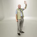 Elderly Man Waving Hand In Light Studio Wearing Green Vest Striped Shirt And Gray Pants