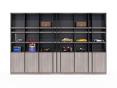 Modern Wooden Bookcase Design Displaying Toy Cars Models and Storage Compartments 3d model