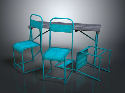 Turquoise Metal Frame Table and Chair Set With Wooden Tabletop and Modern Design 3d model