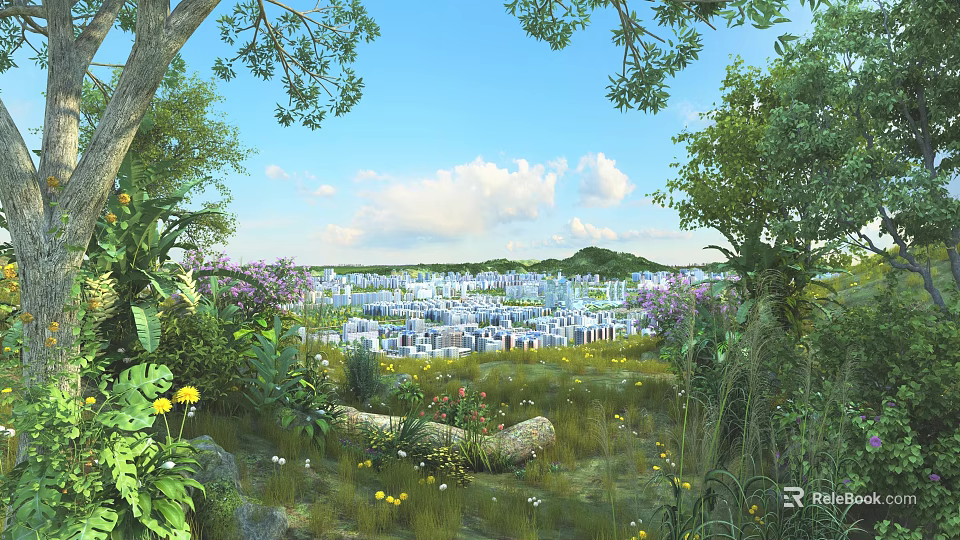 Tranquil Natural Landscape With Green Trees Flower Bushes And Distant City Under Blue Sky 3d model 