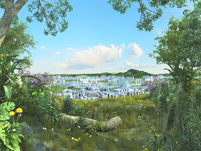 Tranquil Natural Landscape With Green Trees Flower Bushes And Distant City Under Blue Sky 3d model