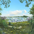 Tranquil Natural Landscape With Green Trees Flower Bushes And Distant City Under Blue Sky