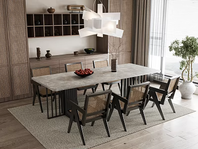 Modern Dining Table Set With Wooden Top Metal Frame 6 Chairs And Pendant Light 3d model