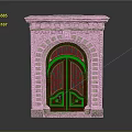 Classical Wooden Entry Door With Arched Stone Frame And Carved Glass Panels